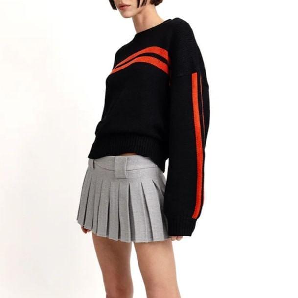 Drop Shoulder Round Neck Striped Crop Sweater Product Image