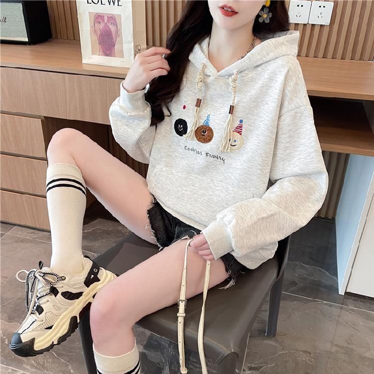 Cartoon Embroidered Drawstring Hoodie Product Image