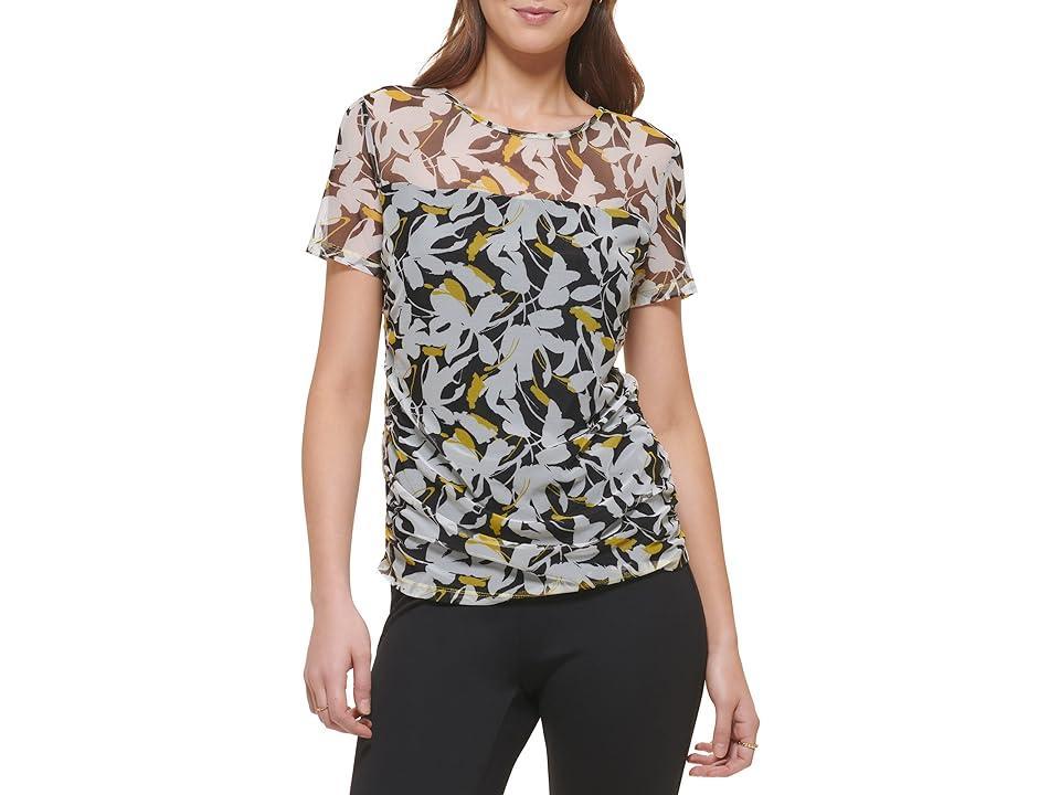 DKNY Short Sleeve Printed Mesh Top (Black/Pop Yellow ) Women's Clothing product image