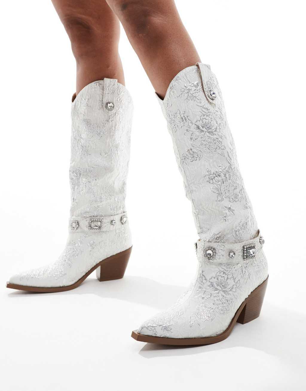 Azalea Wang Bridal Bavani embroidered western knee boots in white Product Image