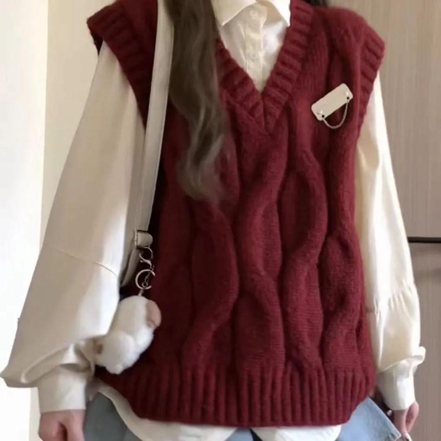 Long-Sleeve Collared Plain Blouse / V-Neck Metal Accent Cable Knit Sweater Vest / Set Product Image