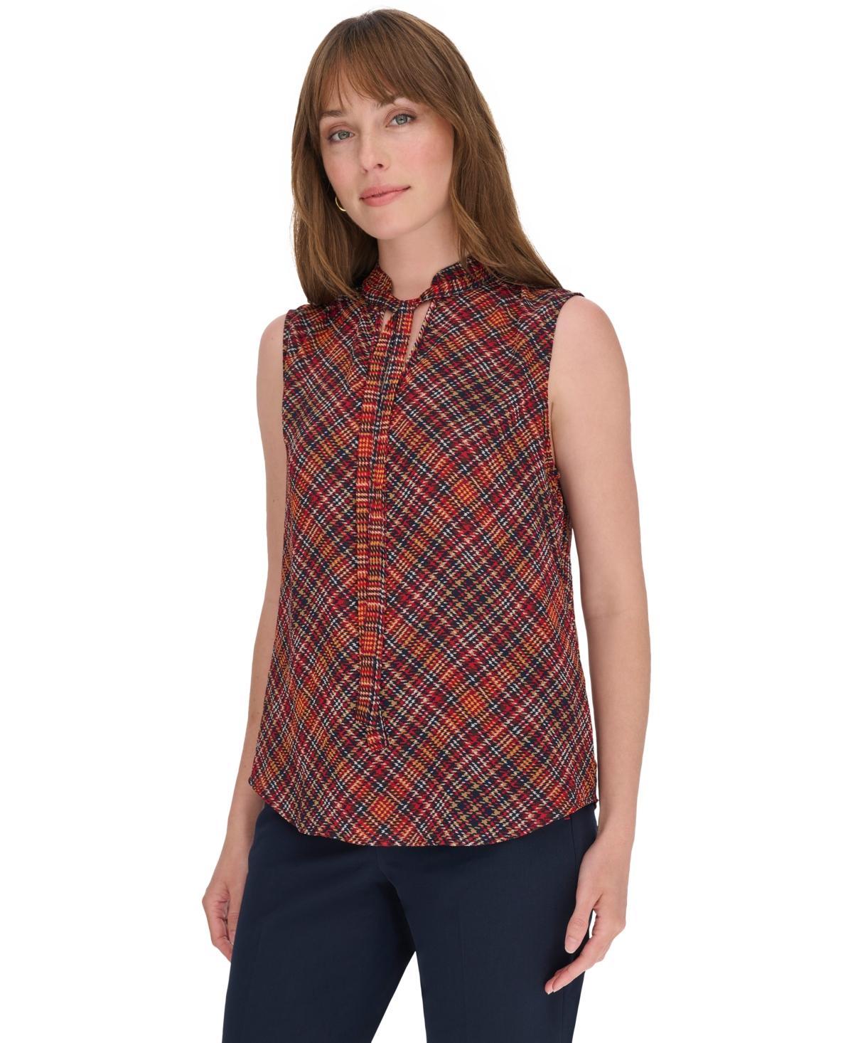 Tommy Hilfiger Womens Printed Tie-Neck Sleeveless Top - Midnt Product Image