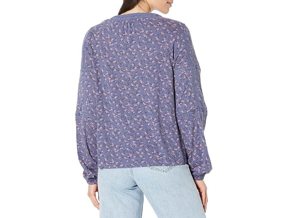 Lucky Brand Printed Inset Lace Long Sleeve Peasant Top (Blue Multi) Women's Clothing Product Image