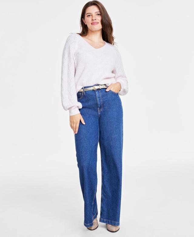 On 34th Womens V-Neck Pointelle-Sleeve Sweater, Created for Macys Product Image