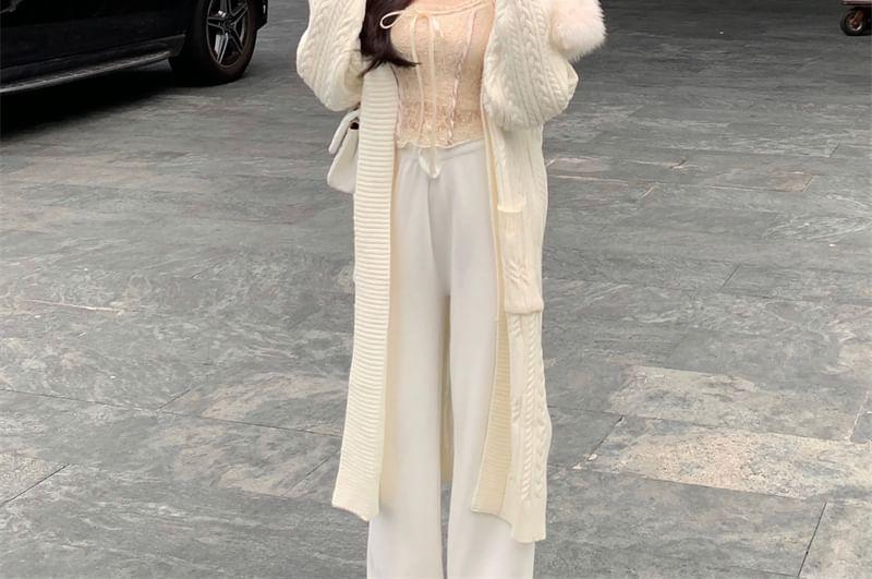 PLain Fluffy Hooded Cable Knit Cardigan / Lace Cami Top / High Waist Wide Leg Pants Product Image