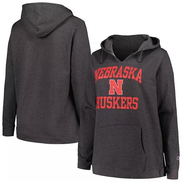 Womens Champion Heather Charcoal Nebraska Huskers Plus Size Heart & Soul Notch Neck Pullover Hoodie Product Image