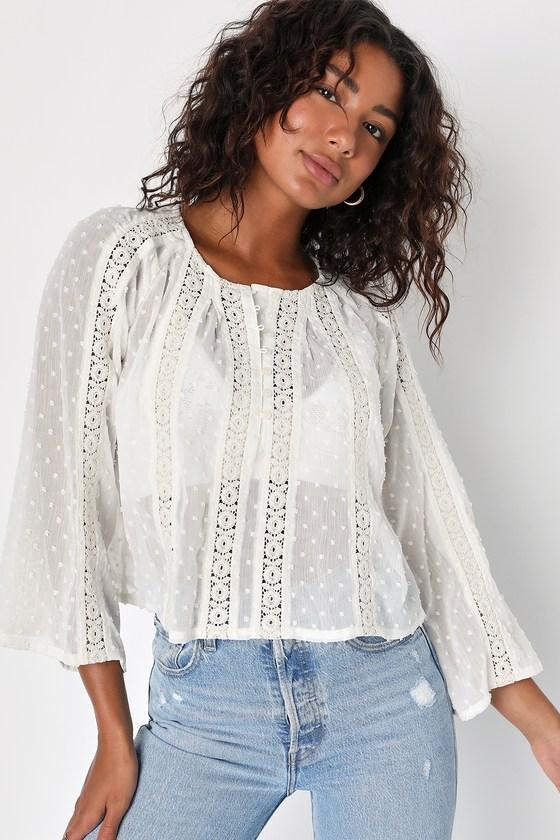 Sheer Charm Ivory Lace Swiss Dot Three-Quarter Sleeve Top Product Image