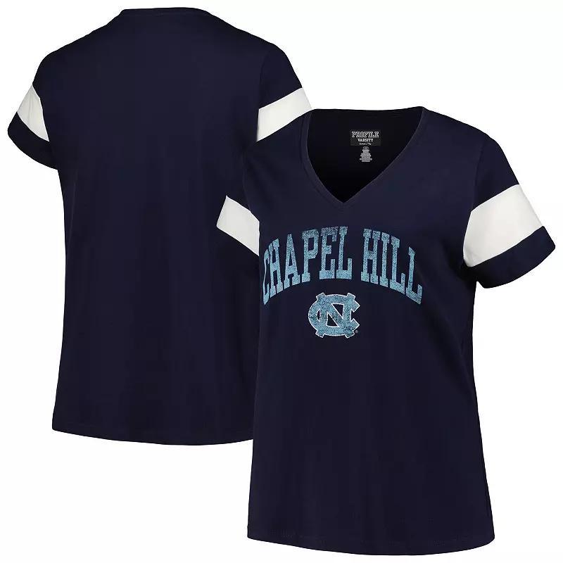 Womens Profile Heather North Carolina Tar Heels Plus Size Arched City Sleeve Stripe V-Neck T-Shirt Blue Product Image