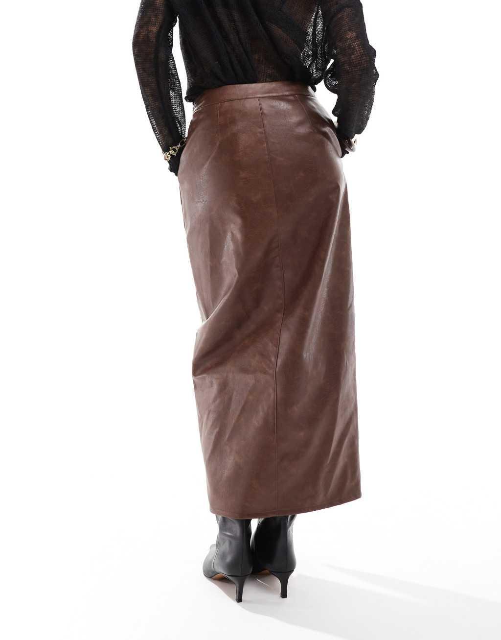 ASOS DESIGN leather look maxi skirt with side slit in washed brown Product Image