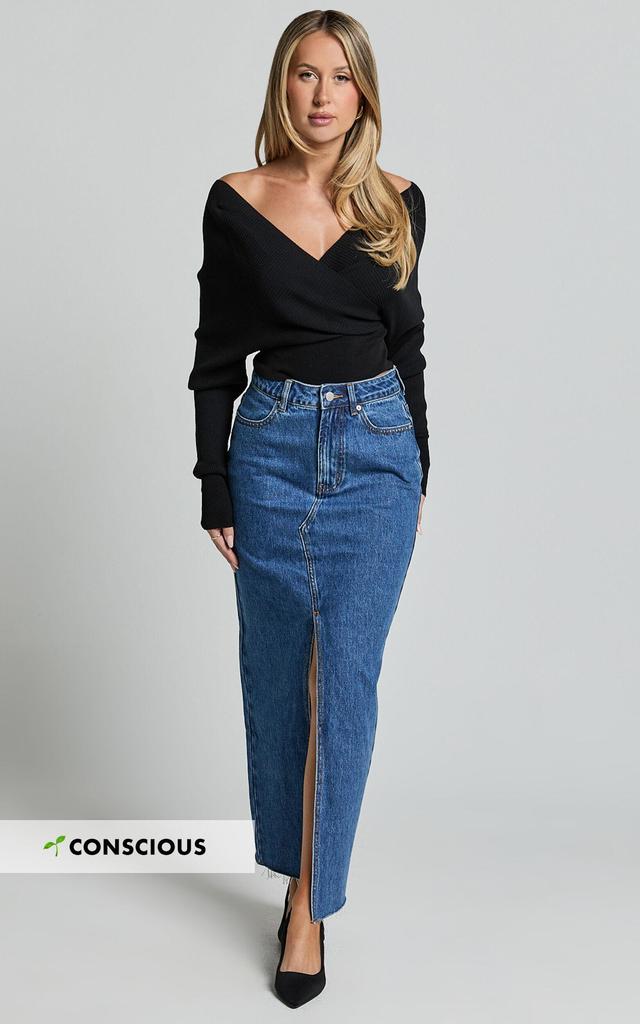 Kira Midi Skirt - Front Split Denim Skirt in Dark Blue Wash Product Image