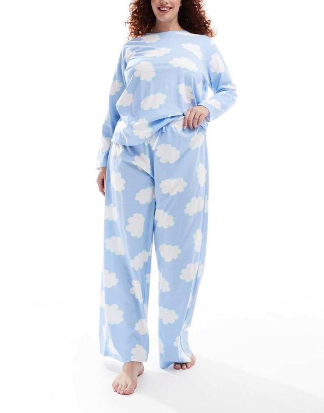 ASOS DESIGN Curve cloud long sleeve top & pants pajama set in blue Product Image