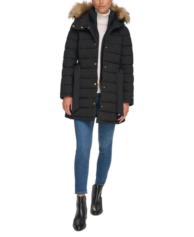 Tommy Hilfiger Womens Belted Faux-Fur-Trim Hooded Puffer Coat, Created for Macys Product Image