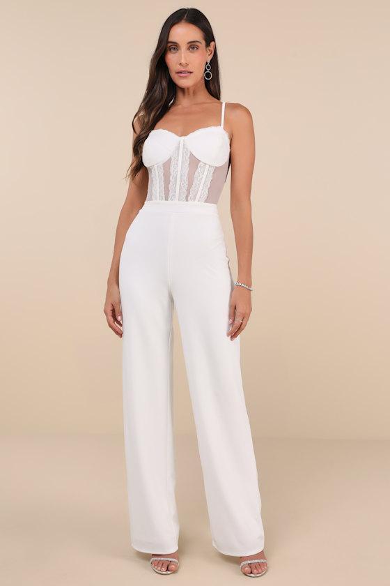 Perfectly Sultry White Sheer Mesh Bustier Wide-Leg Jumpsuit Product Image