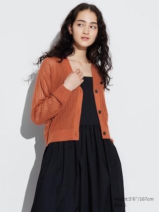 Womens Mesh V Neck Long Sleeve Short Cardigan Orange Large UNIQLO US Product Image