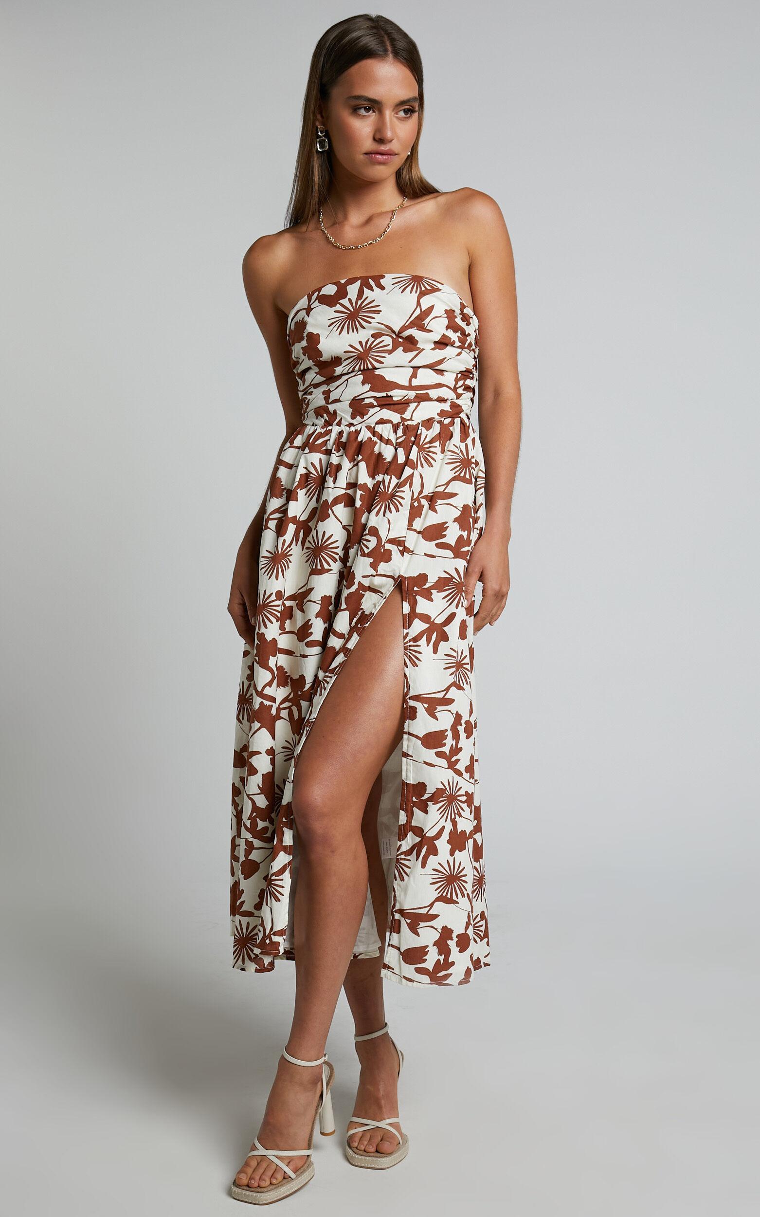 Evita Midi Dress - Ruched High Split Strapless Dress in Multi Product Image