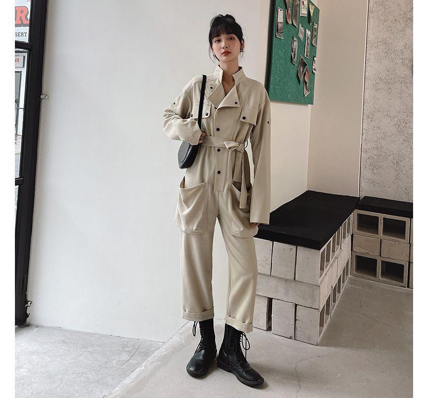 Long-Sleeve Collared Plain Button Jumpsuit Product Image