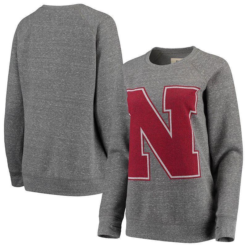 Womens Pressbox Heathered Gray Nebraska Huskers Big Team Logo Knobi Fleece Tri-Blend Crew Neck Sweatshirt Product Image