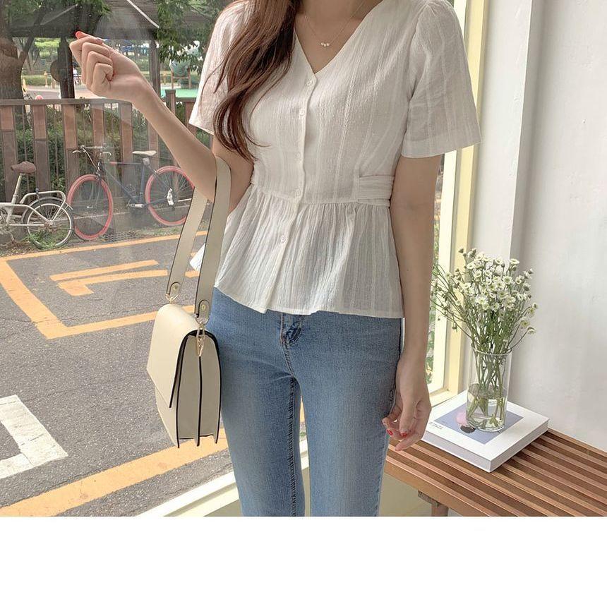 V-Neck Elbow-Sleeve Peplum Blouse Product Image