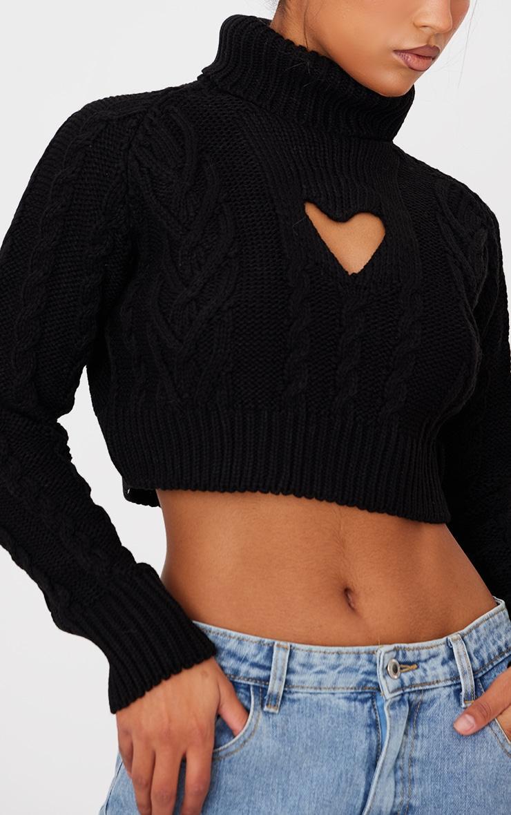 Black Cable Knit Wide Roll Neck Heart Cut Out Sweater Product Image