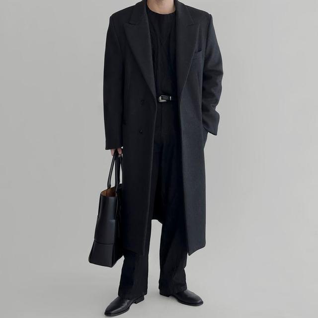 Peak Lapel Plain Button-Up Long Coat Product Image