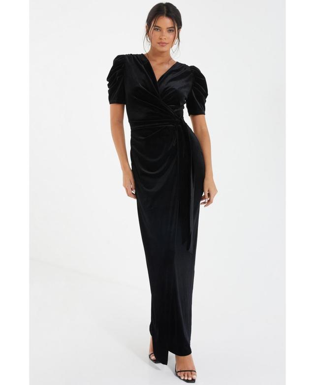 Quiz Womens Velvet Wrap Maxi Dress With Puff Sleeves Product Image