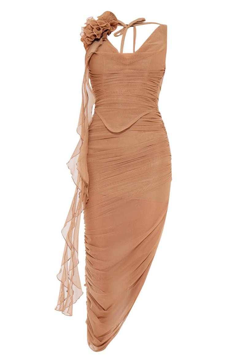 Taupe Mesh Corsage Detail Ruched Midaxi Dress Product Image