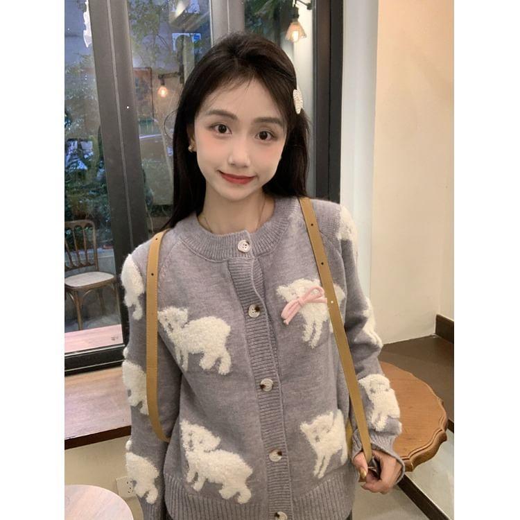 Crew Neck Sheep Jacquard Button-Up Cardigan Product Image