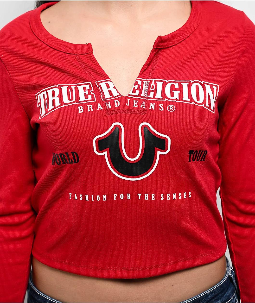 True Religion Horseshoe Logo Rib Rio Red Long Sleeve Crop T-Shirt Product Image