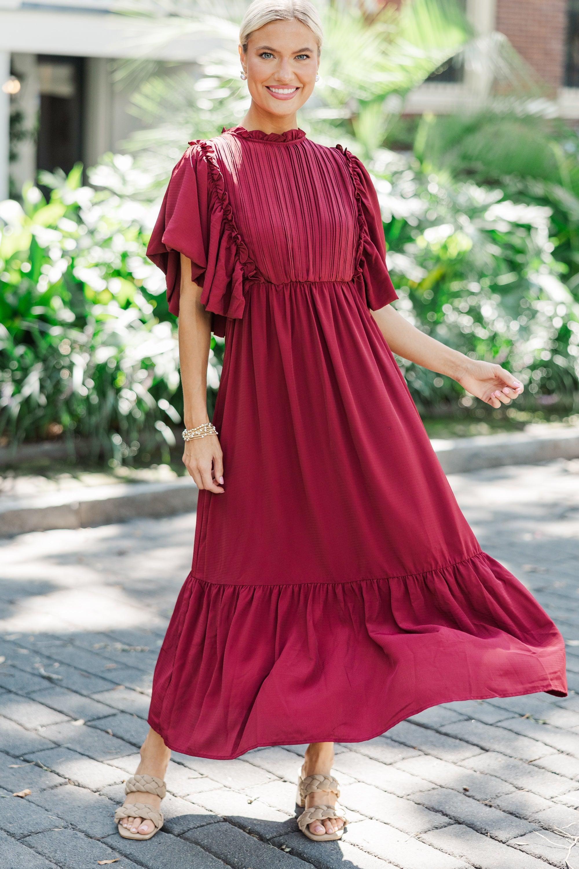 All The Good Burgundy Red Ruffled Midi Dress Female Product Image