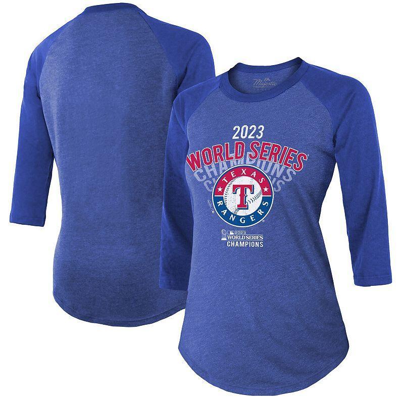 Womens Majestic Threads Royal Texas Rangers 2023 World Series Champions Out of this World Raglan 3/4-Sleeve Tri-Blend T-Shirt Product Image