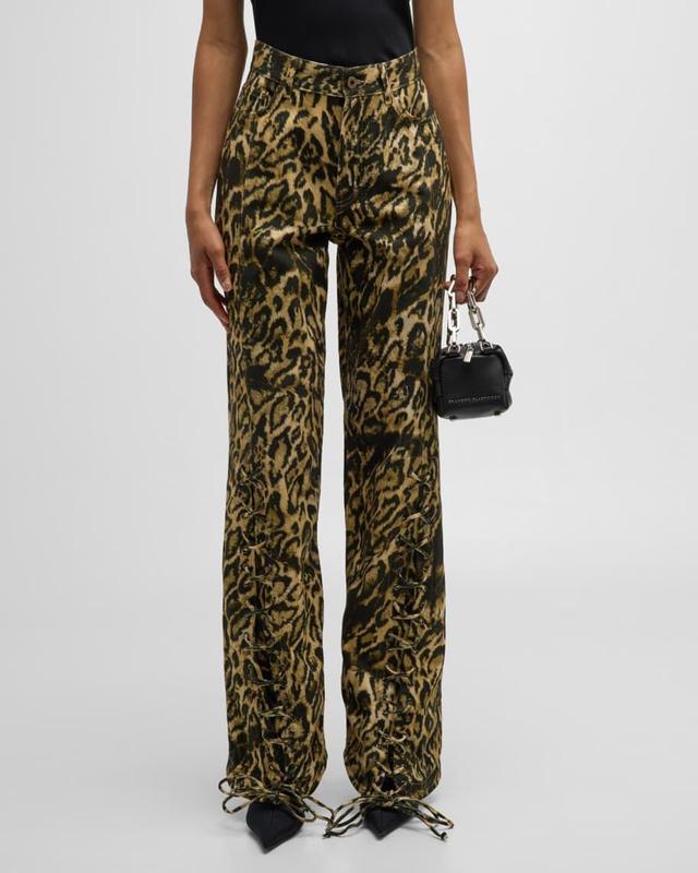 Leopard-Print Laced Wide-Leg Denim Pants Product Image