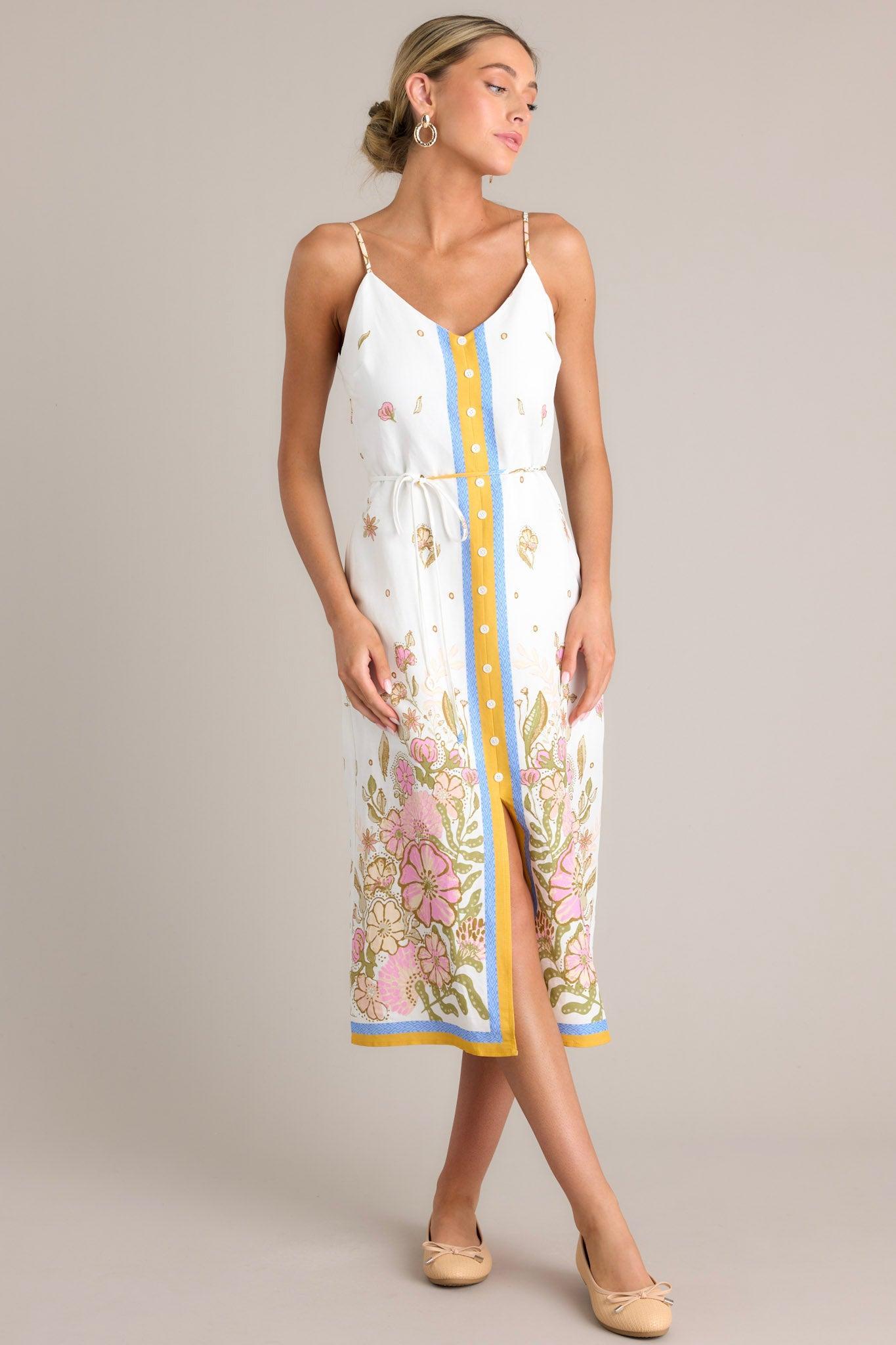 Bursting Blooms Ivory Multi Floral Midi Dress Product Image