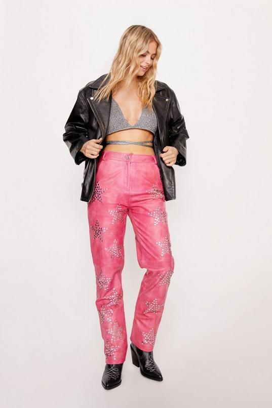 Petite Real Leather Star Studded Straight Leg Pants Product Image