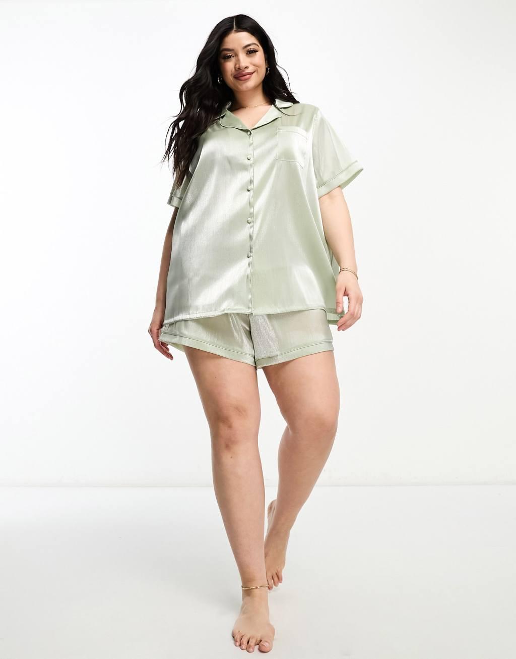 Loungeable Curve bridesmaid taffeta short sleeve revere shirt and short set in sage green Product Image