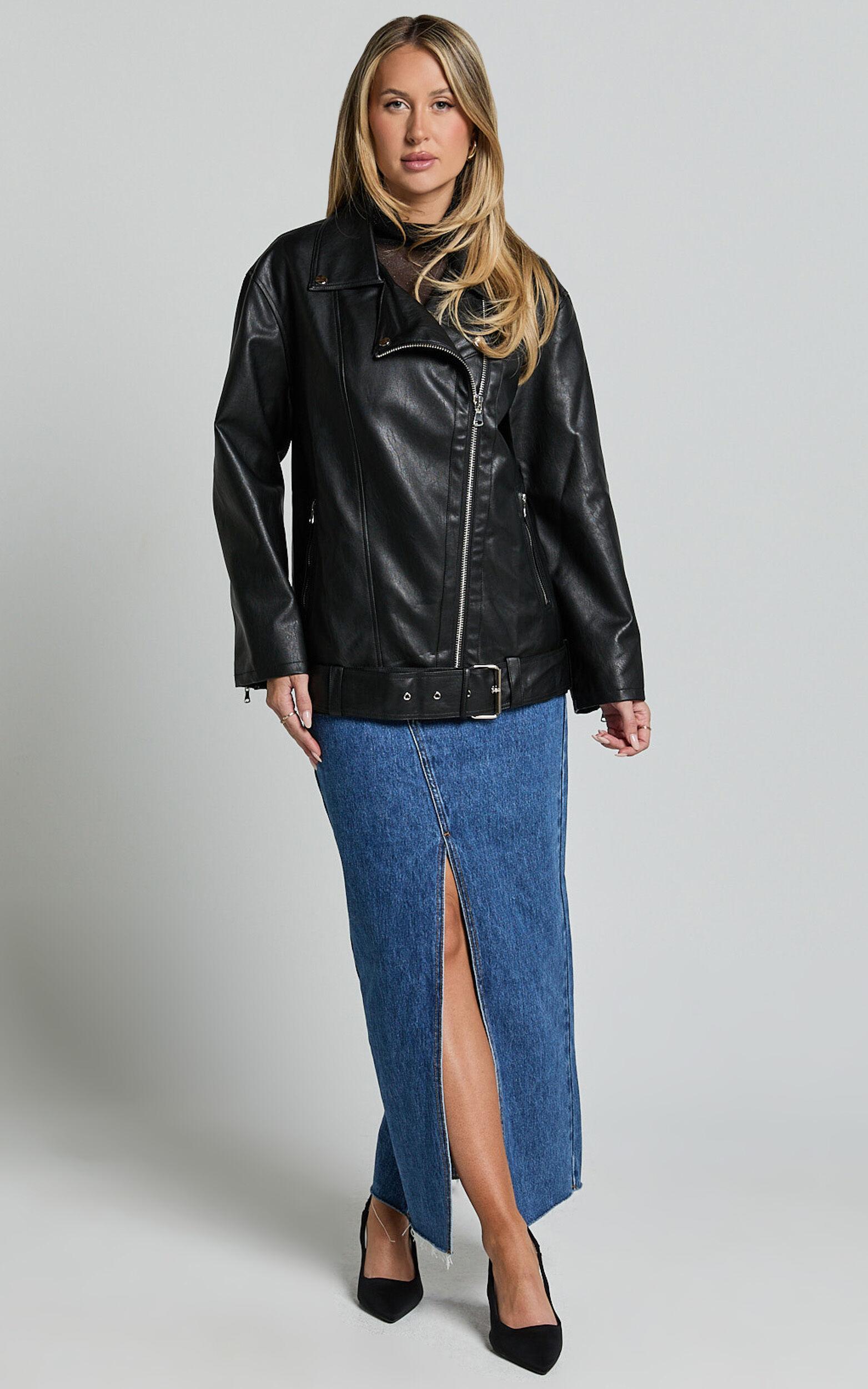 Ellery Faux Leather Jacket - Faux Leather Longline Belted Biker Jacket in Black Product Image