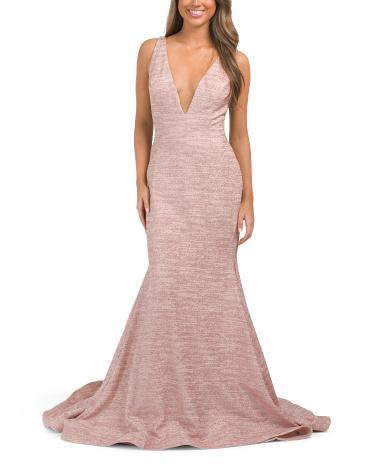 Plunge V-neck Shimmer Mermaid Gown for Women Product Image