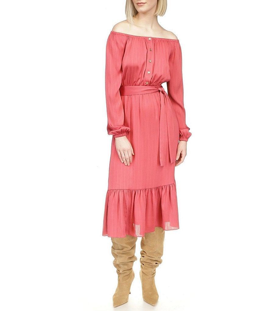 Michael Kors Sheen Stripe Long Sleeve Tie Waist Flounce Hem Midi Dress Product Image