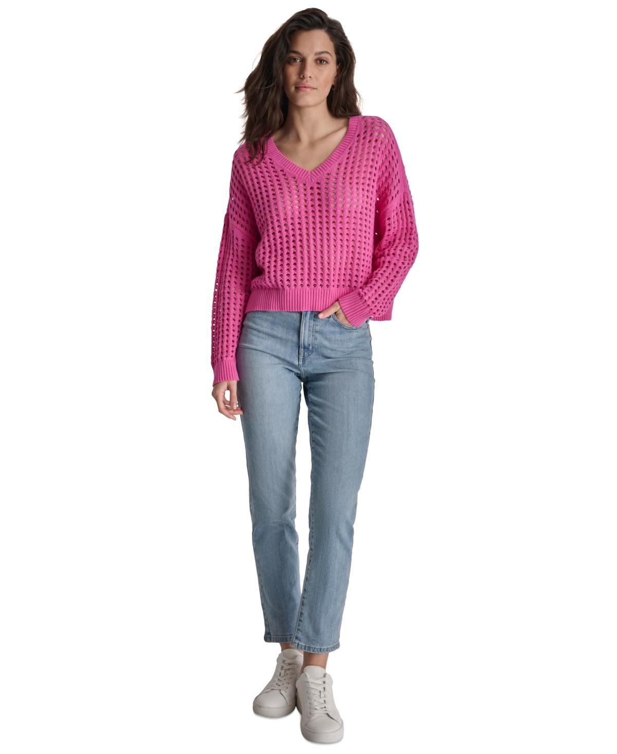 Dkny Jeans Womens V-Neck Open-Stitch Cotton Sweater Product Image