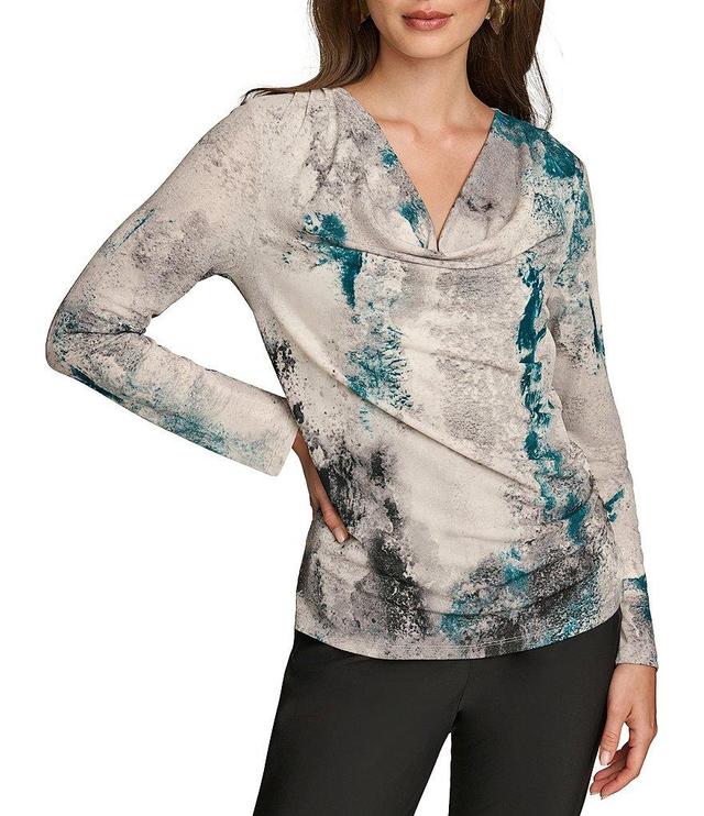 Donna Karan Draped Cowl Neck Long Sleeve Printed Knit Top Product Image