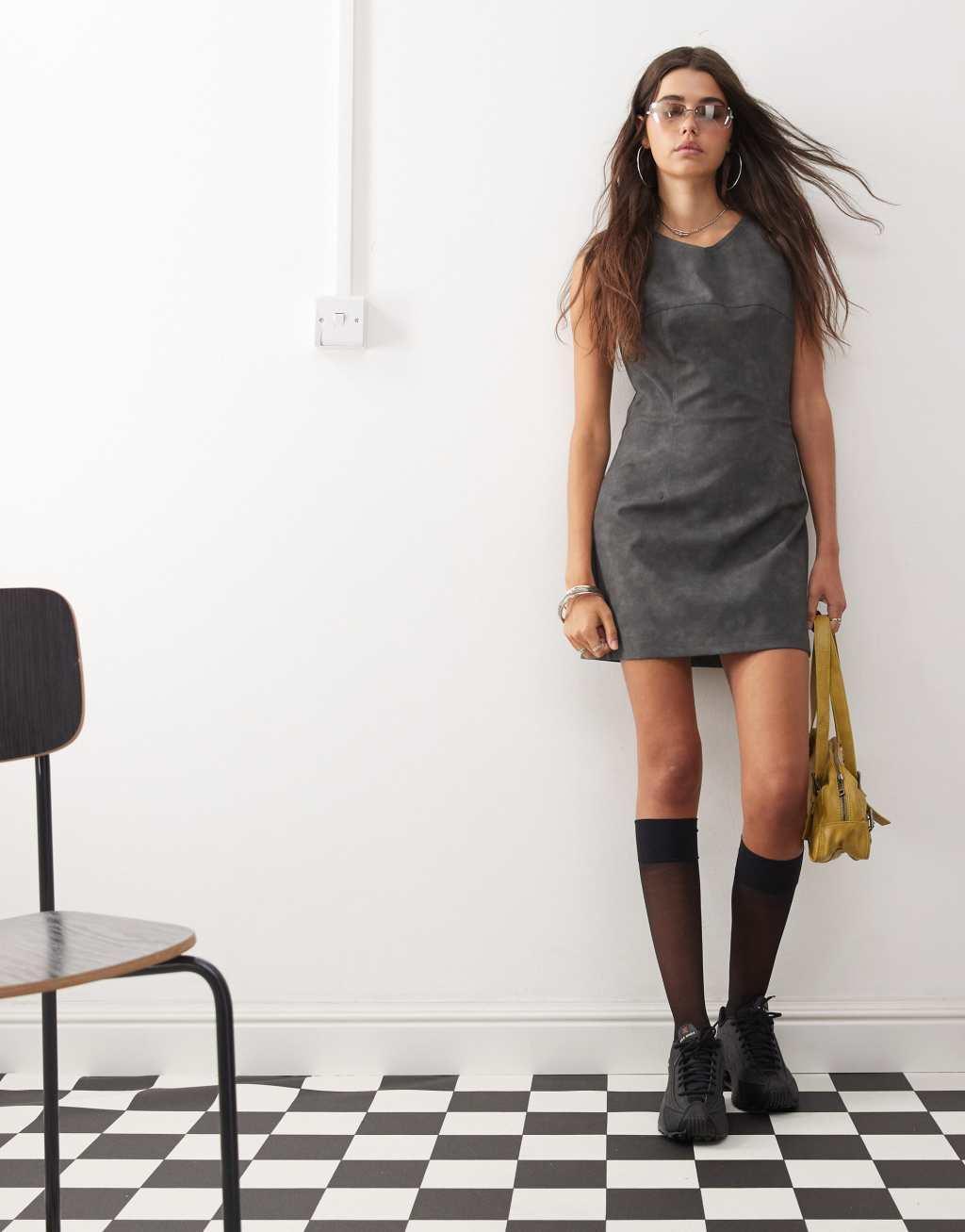 COLLUSION leather look mini dress with seam detail in washed black Product Image