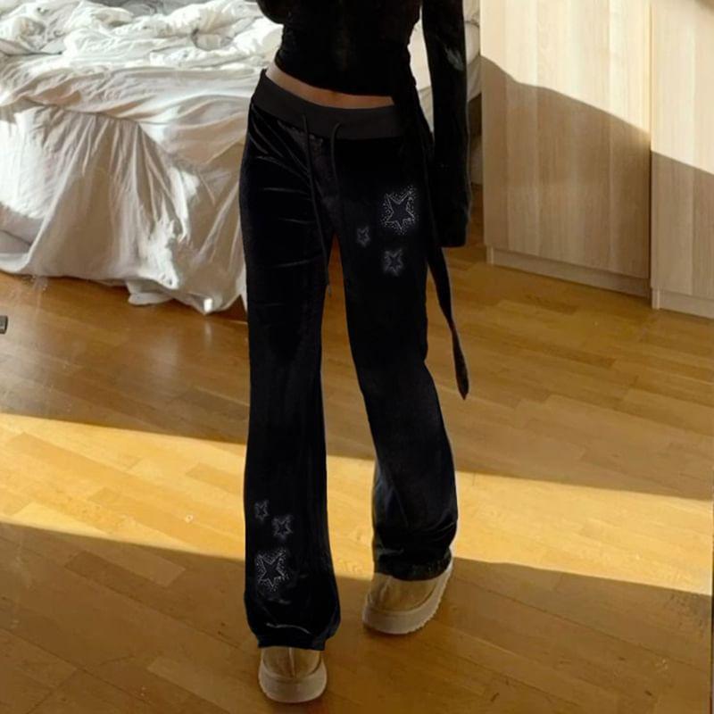 Drawstring Waist Star Velvet Flared Pants Product Image