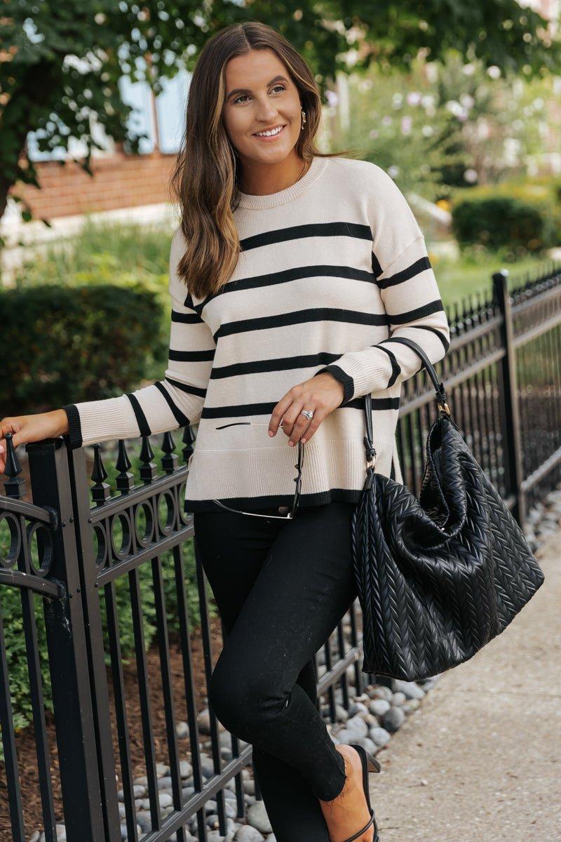 Tan and Black Striped Sweater Product Image