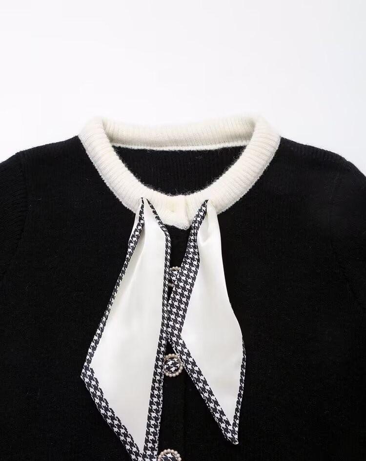 Houndstooth Trim Tie-Neck Button-Up Cardigan Product Image