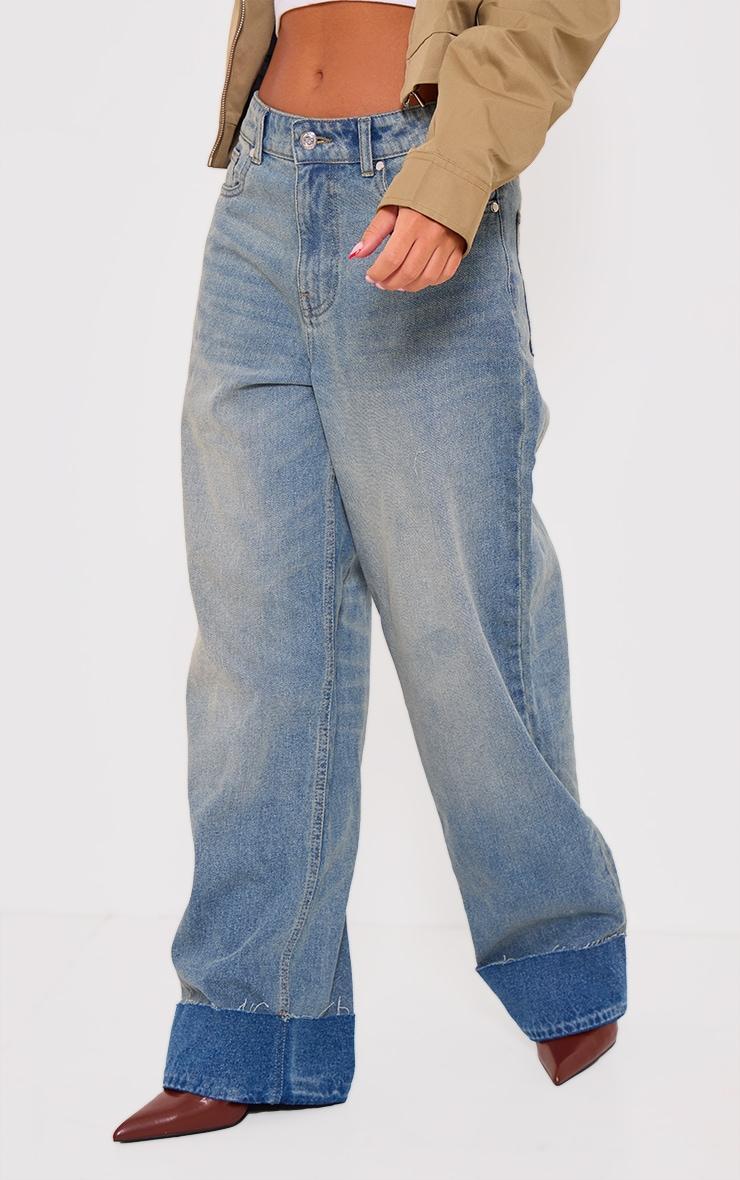 Mid Blue Wash Turn Up Denim Jeans Product Image