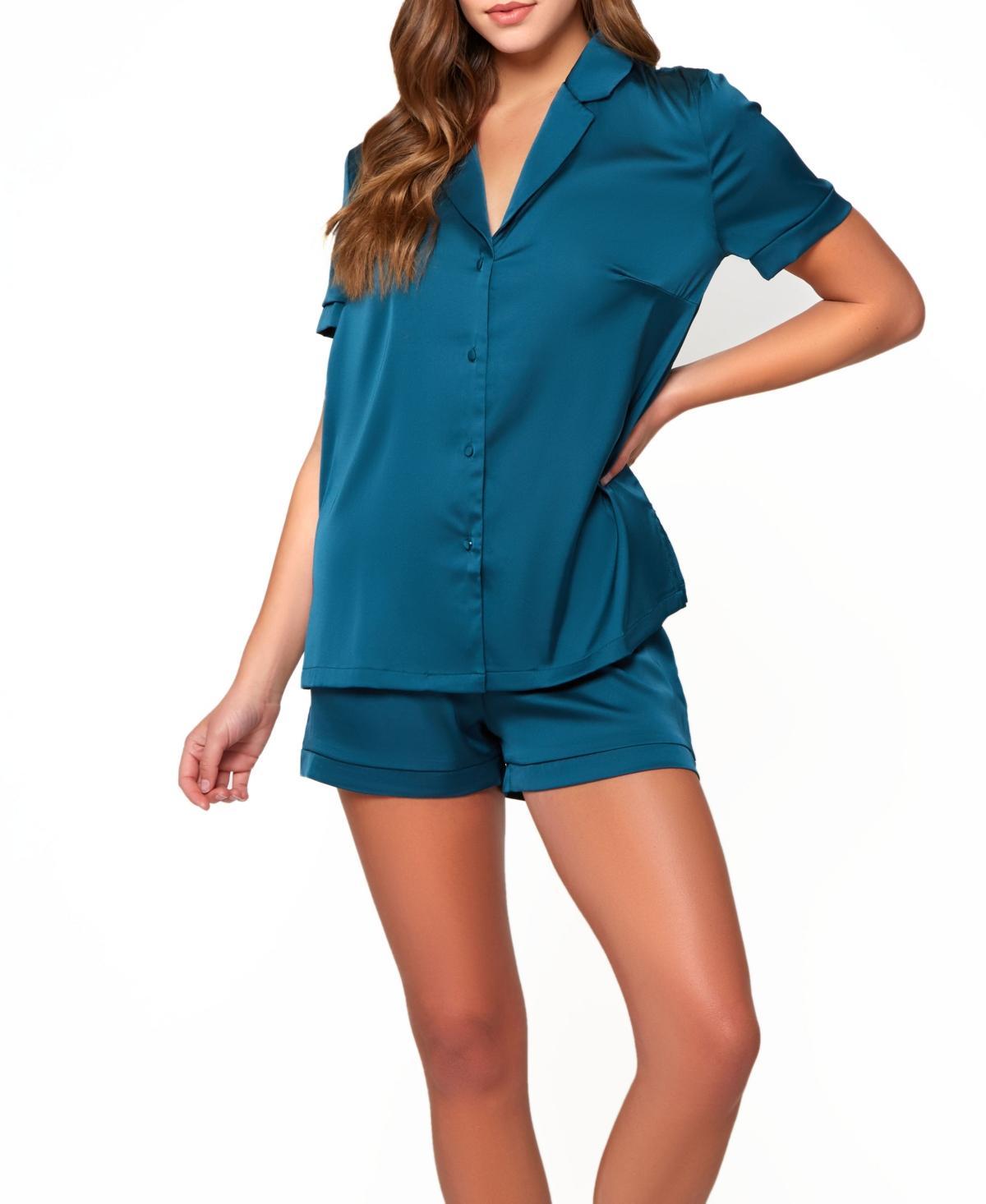 Icollection Women's Marguerite Stretch Satin Notched Collar Top And Relaxed Elastic Waist Shorts. Top Back Has Elegant Embroidered Lace And Mesh, Teal Product Image