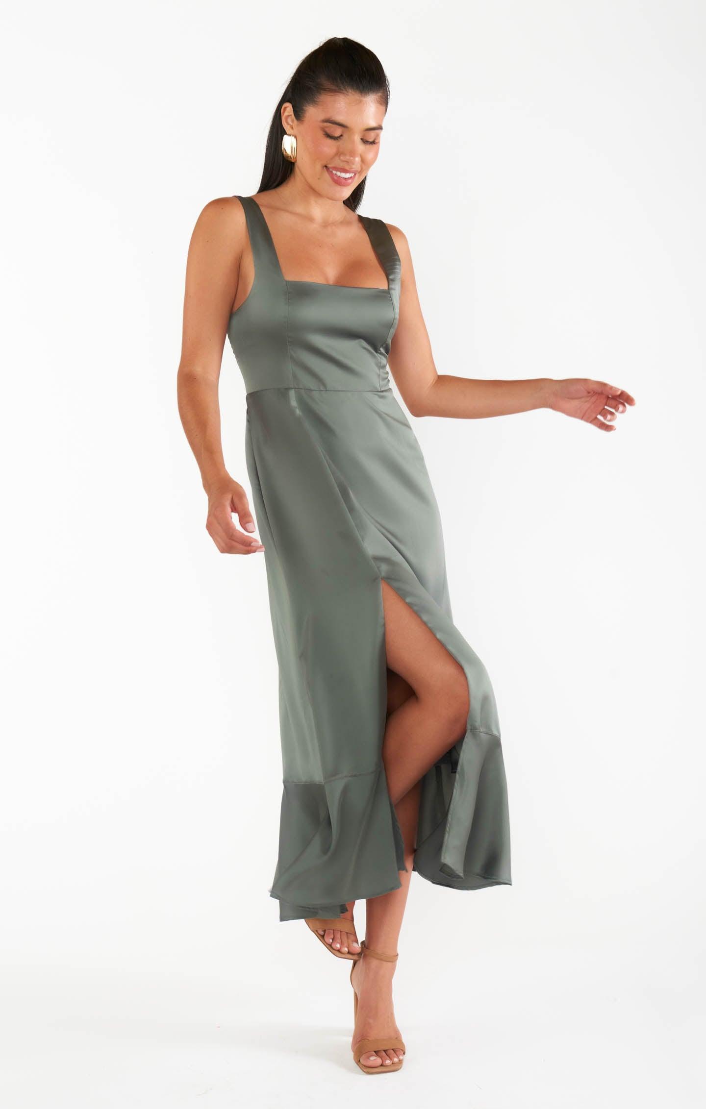 Claire Midi Dress ~ Deep Sage Luxe Satin Product Image