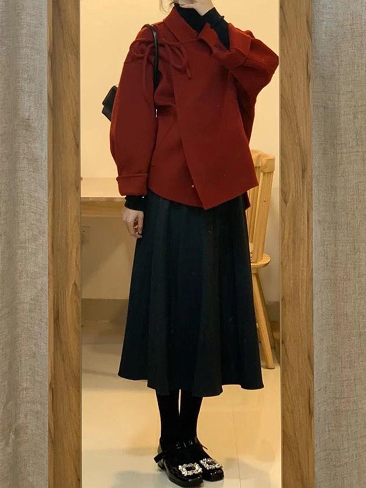 Maternity Asymmetrical Button-Up Coat / Long-Sleeve Mock Neck Midi A-Line Dress Product Image