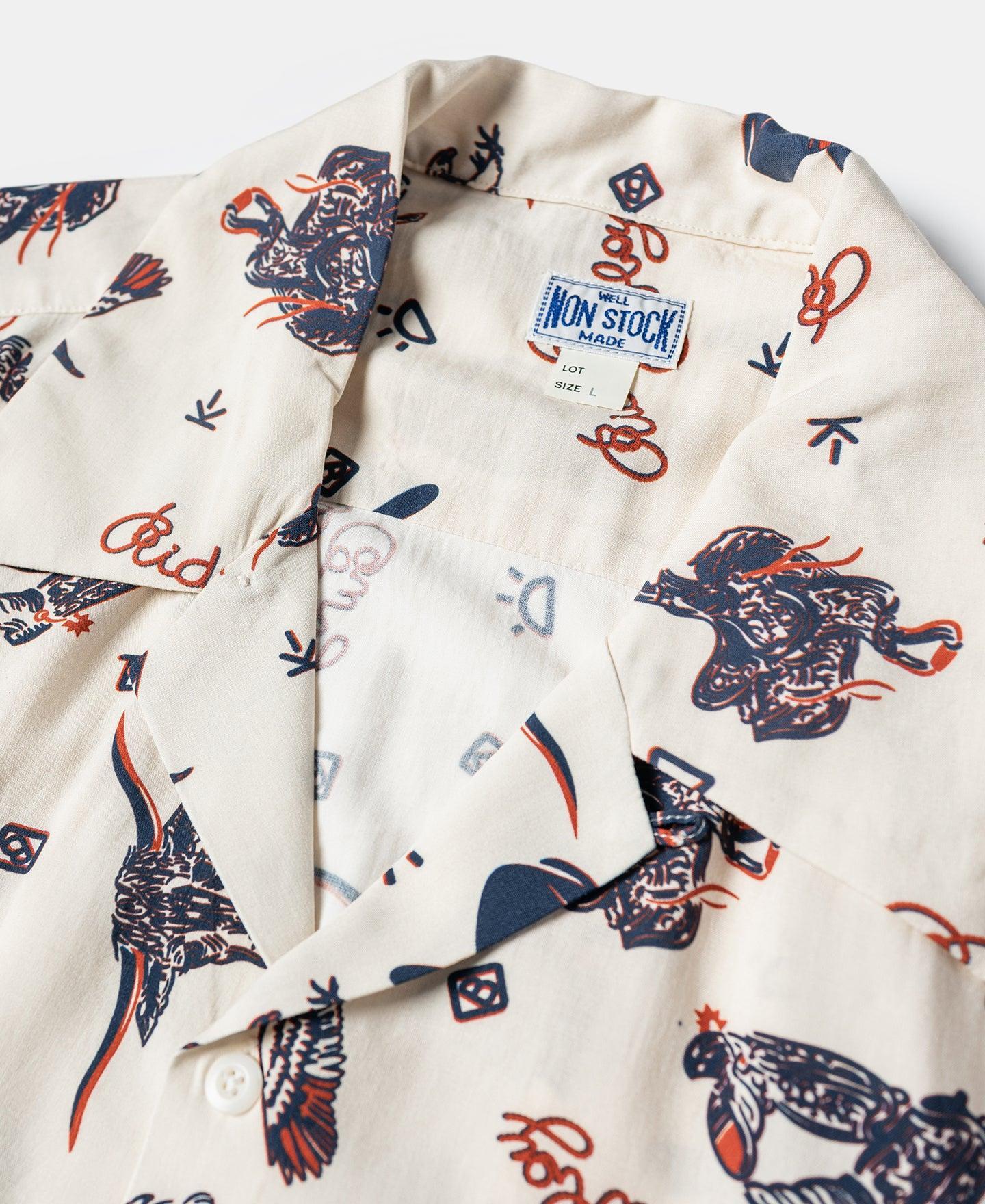 Cowboy Symbols Pattern Cuban Collar Shirt - Cream White Product Image