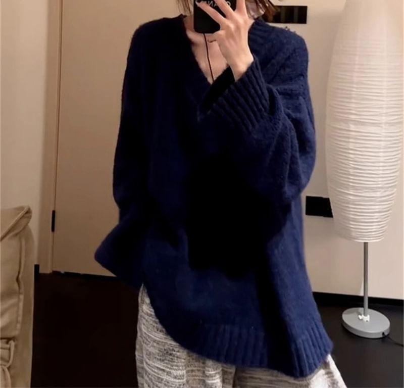 V-Neck Plain Oversized Sweater Product Image