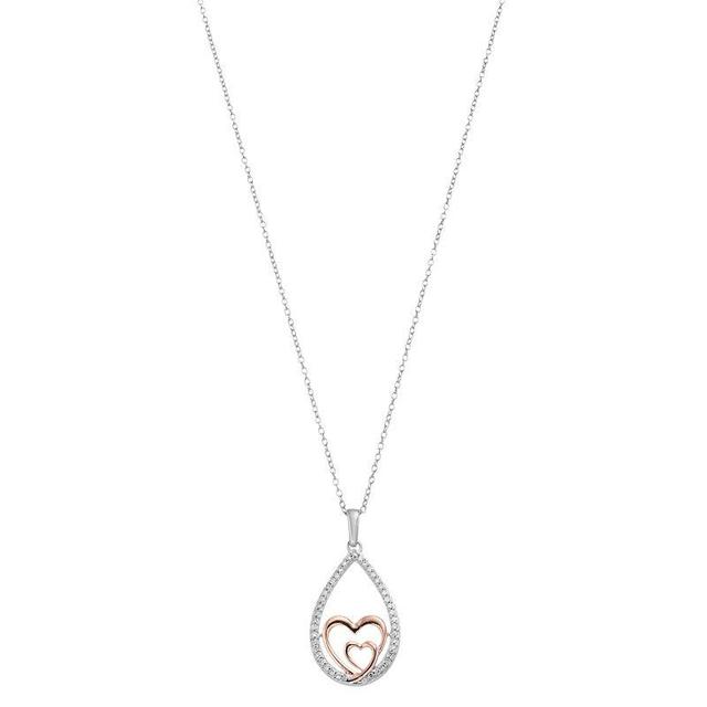 10k Rose Gold & Sterling Silver 1/10 Carat T.W. Diamond & Twin Heart Pendant Necklace, Womens White Product Image